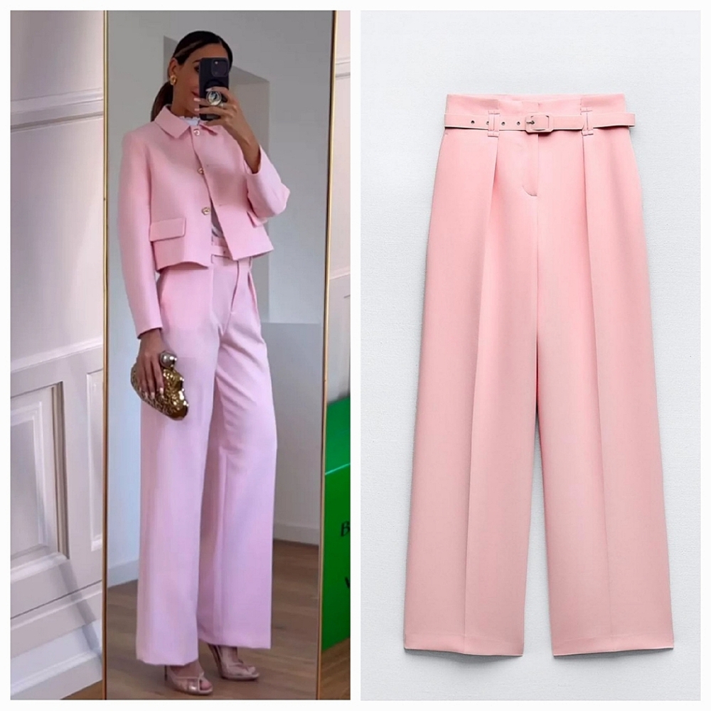 Zara Wide Leg Belted Pants Pink Size S